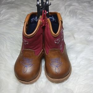 Wonder Nation Brown and Red Western Boots with Brogue Detailing